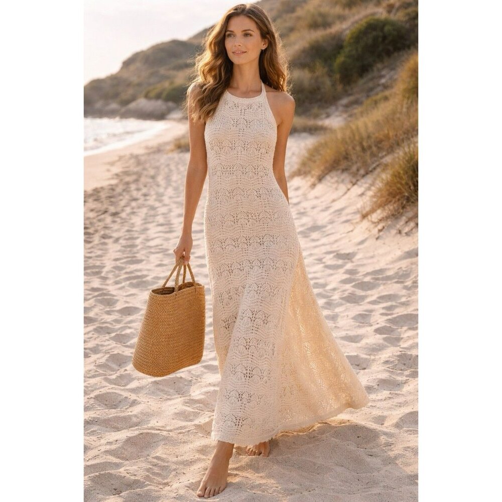 Miou Muse Abigale Crochet Maxi Dress Cream Boho Knit APIARI Size Large